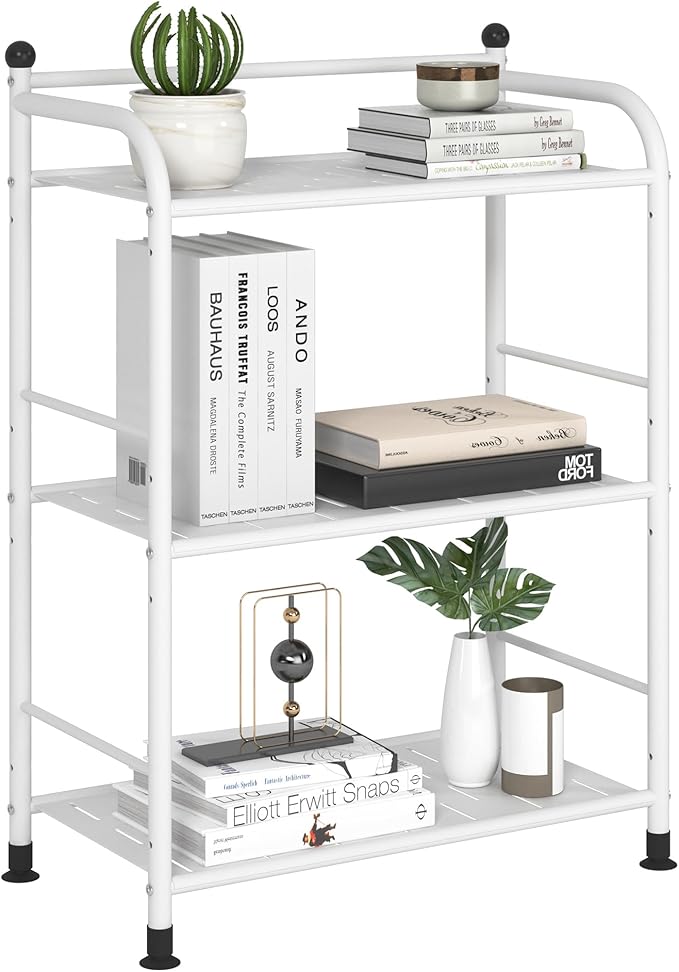 3 Tier Bathroom Storage Open Shelf Unit, Free-Standing Matte Metal Corner Rack Shelving for Kitchen, Living Room, Hallway (Matte White, 3 Tier)