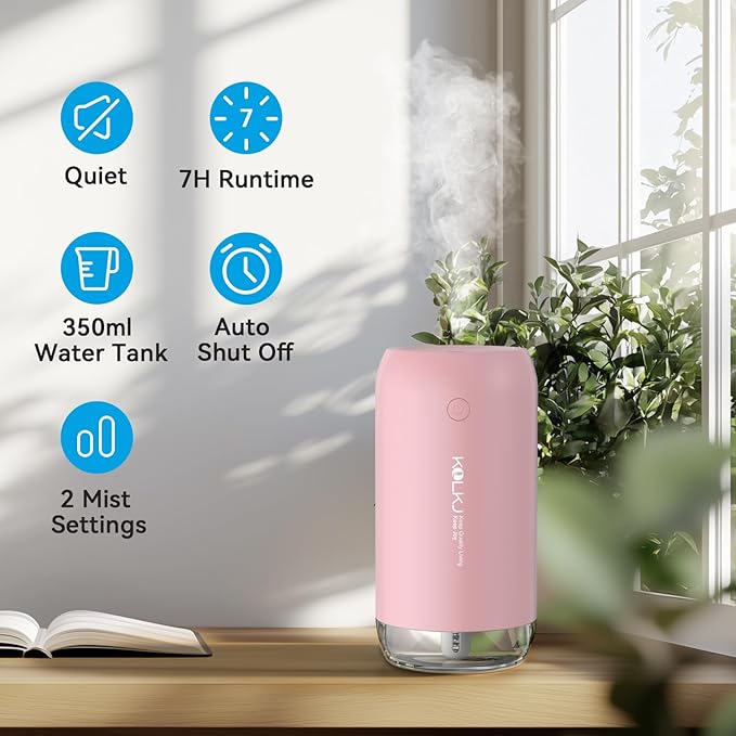 Portable Mini Humidifier, Small Cool Mist Humidifiers 350ml Quiet USB Personal Desktop Air Humidifier for Bedroom Home Plants Car Baby indoor Office with 2 Mist Modes Auto Shut-off（Pink)