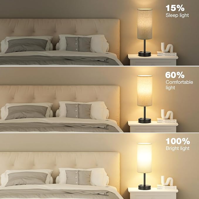 Beige Touch Table Lamp for Bedroom - 3 Way Dimmable Bedside Lamp USB C Charging Ports and AC Outlet, Small Lamp with Fabric Shade Black Base for Living Room, Office Desk, LED Bulb Included