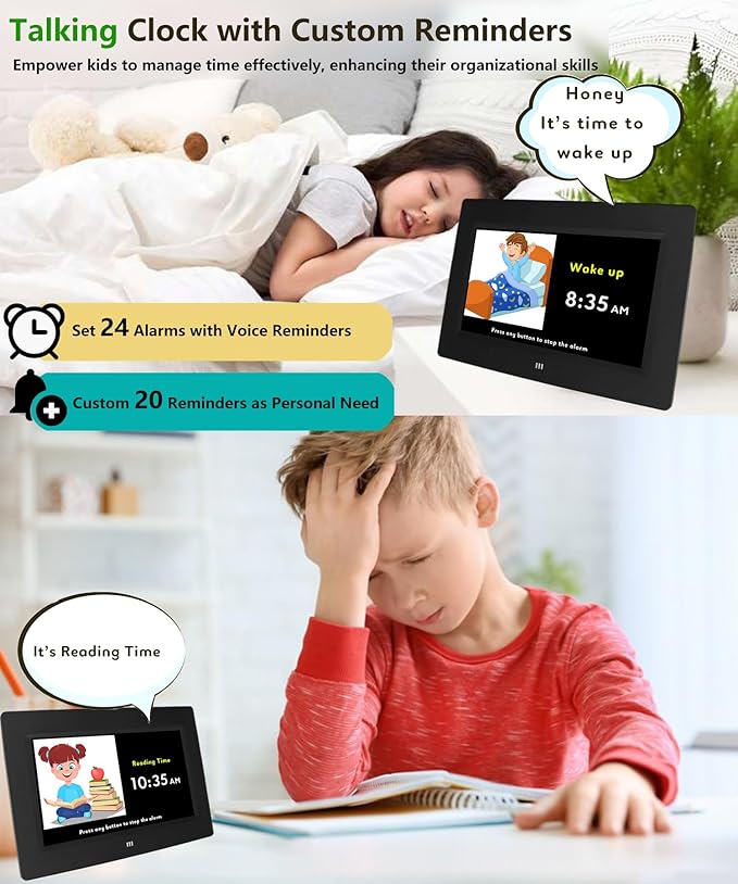 MASSII 2025 Digital Teaching Clock Talking Time, 24 Alarms Custom Reminders, Checklist to-Do List, Auto DST & Calendar Display, Sleep Trainer, Easy to Use for Kids Birthday Gift- Black with Remote