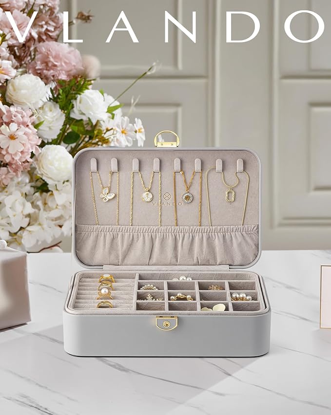 Vlando Jewelry Boxes for Women,2 Layers Jewelry Box with Lock,Birthday Gifts for Women Girls,Jewelry Organizers for Earrings Necklace,Rings Storage Grey