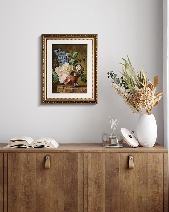 VIYYIEA Gold Framed Wall Art Canvas Print Home Decor Vintage Floral Wall Decor Flower Bathroom Art Decor Aesthetic Room Decor Oil Painting Retro Plants Still Life Wall Pictures Bedroom Gifts 13x16in