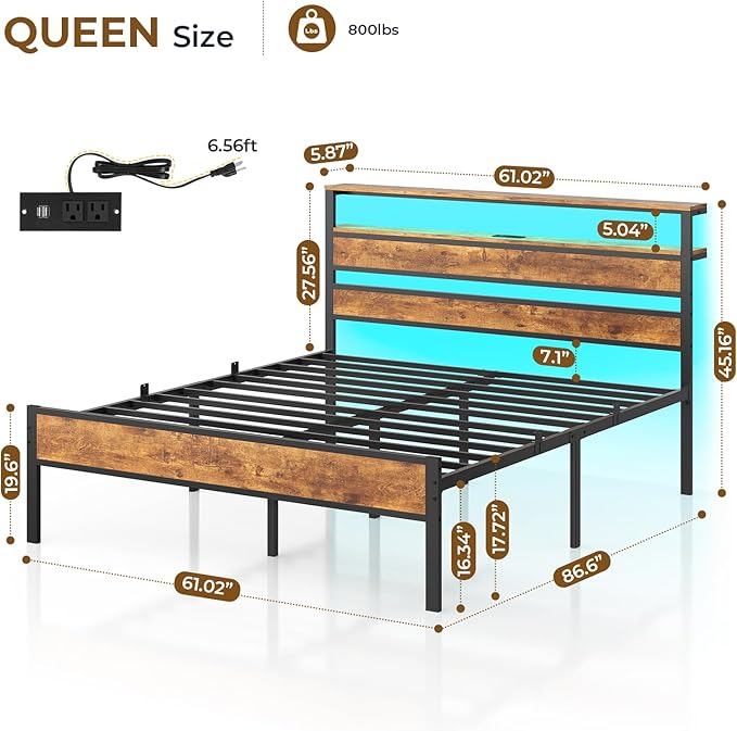 Hasuit Queen Bed Frame with Headboard LED Lights, Queen Size Bed with Charging Station 2-Tier Storage Shelves, Metal Platform Bed with Heavy Duty Slat, Fast Assembly, No Box Spring Needed, Noise Free