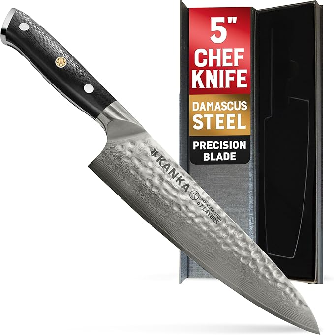 KANKA Grill 5" Damascus Steel Utility Knife - Professional 67 Layers, Hammered Finish, G10 Fiberglass Handle, Razor Sharp Kitchen Blade for Cooking, BBQ, Meat, Veggies & Slicing - Black