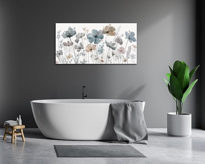 Elegant Flowers Canvas Wall Art - Floral Pictures for Wall Decor Indigo Brown Grey Canvas Painting Nature Printing Artwork for Living Room Bedroom Home Office Wall Decoration 20" x 40"