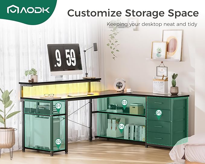 AODK 61" L Shaped Desk with Drawer, Computer Desk with Power Outlets & LED Lights, Reversible Corner Gaming Desk for Home Office Workstation, Office Desk with Monitor Shelf, Pure Black