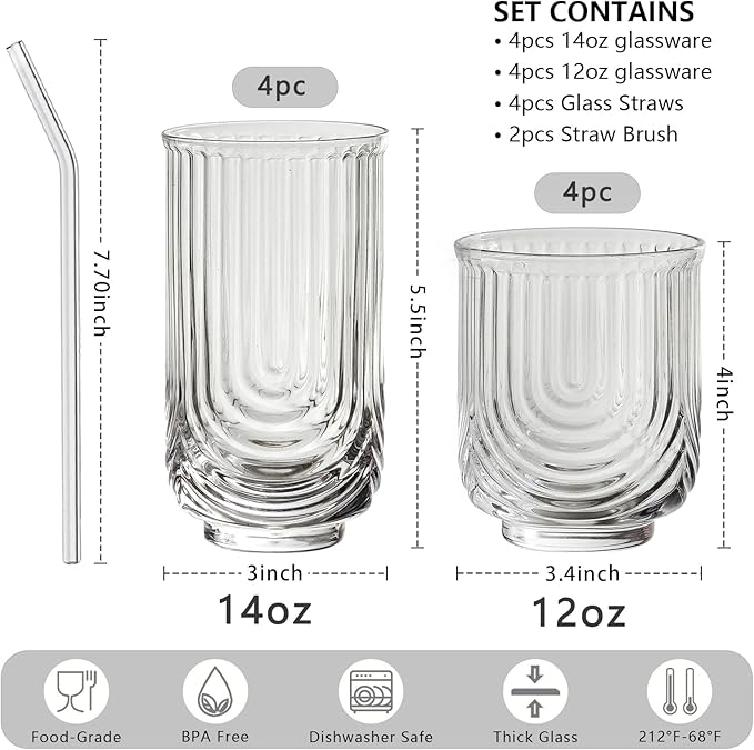 INSETLAN Water Drinking Glasses Set of 8-4 Highball Glasses 14 oz, 4 Rocks Glass Cups 12 oz, Arch Design Cocktail Glasses, Vintage Glassware, With Glass Straw, for Beverages Ice Coffee Juice Water