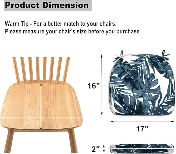 Set of 2 Outdoor Chair Cushions with Ties,Water Repellent Patio Chair Pads 17"x 16" for Outdoor Furniture,Round Corner Seat Cushions for Garden Yard Kitchen Palm Blue