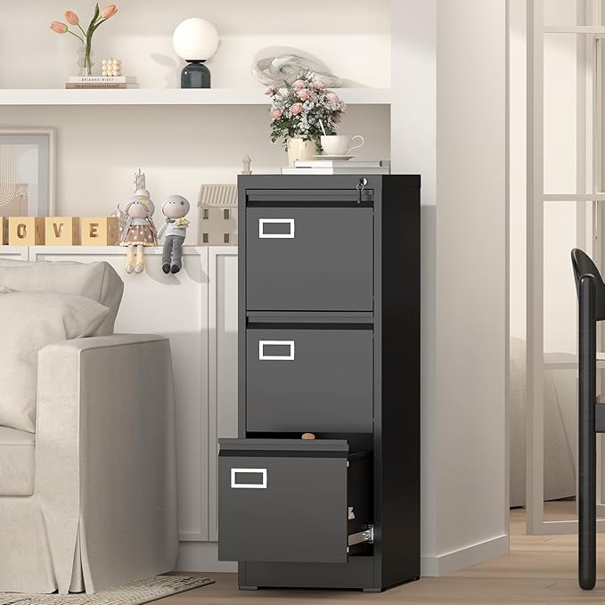GREATMEET 3 Drawer File Cabinet with Lock, Metal Vertical File Cabinets for Home Office, Black Filing Cabinet for Letter/Legal/A4/F4 Size File,Assembly Require