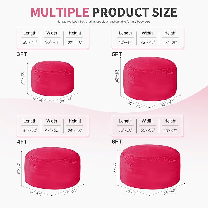 Homguava 6 FT Bean Bag Chair: 6' Bean Bags with Memory Foam Filled, Large Beanbag Chairs Soft Sofa with Dutch Velvet Cover-Pink