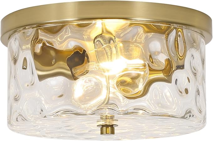 LamQee 9.8" Small Flush Mount Ceiling Light with Clear Hammered Glass, Brushed Gold Hallway Light Fixtures Ceiling Mount for Bathroom, 2-Lights Farmhouse Close to Ceiling Light Kitchen Foyer Bedroom