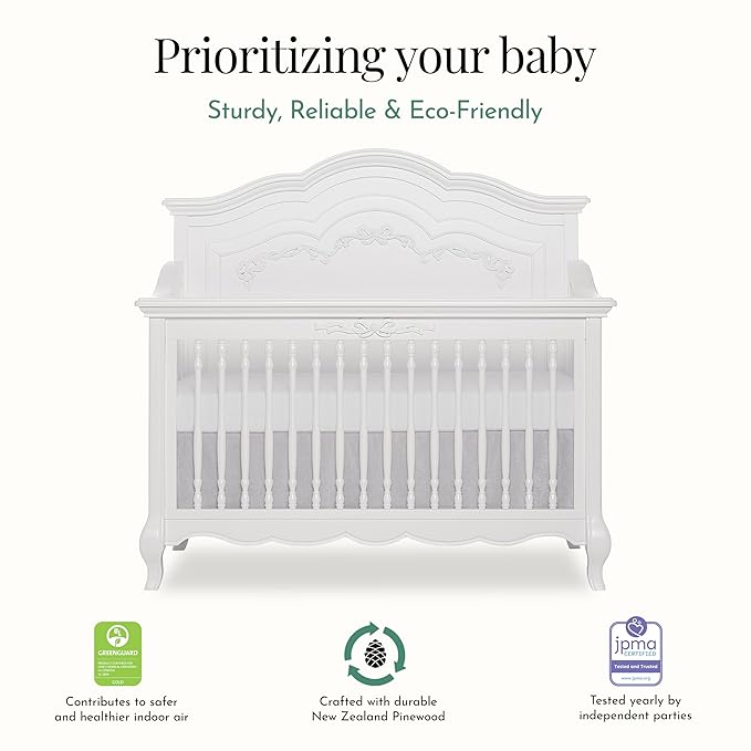 évolur Aurora 5-in-1 Convertible Full-Size Baby Crib in Frost White, GreenGuard Gold & JPMA, 3 Mattress Heights, Ribbon Bow Scrollwork & Queen Anne Feet, Converts to Toddler, Day & Full-Size Bed