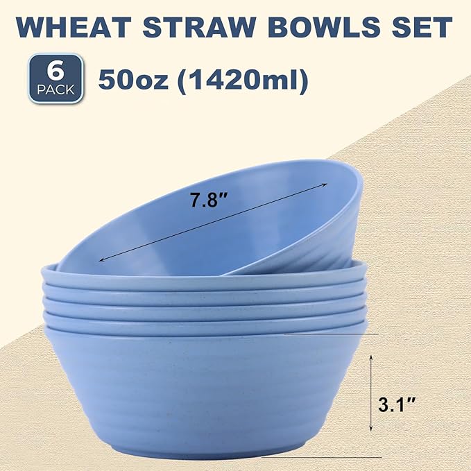 Wheat Straw Bowl Sets,6 PCS Unbreakable Cereal Bowl 50 OZ,Microwave and Dishwasher Safe Bowls,Super Big Bowl Sets BPA Free for Serving Cereal,Oatmeal and Salad (Sky Blue)