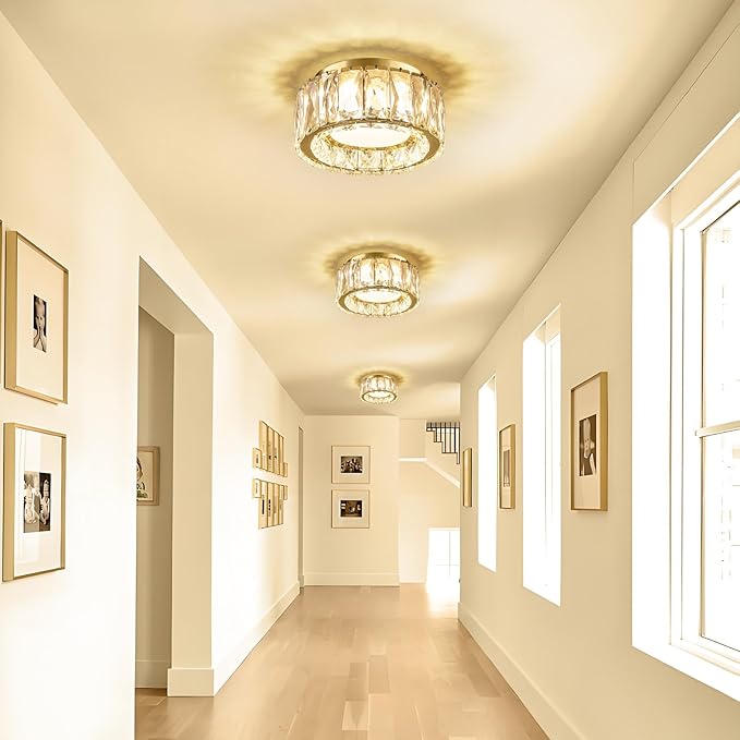 Modern Dimmable LED Luxury Crystal Gold Flush Mount Ceiling Light Fixture,7.87 Inch 15W,3CCT,Mini Round Close to Ceiling Chandelier for Hallway,Kitchen,Laundry Room,Entryway