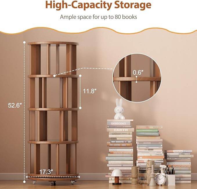 Solid Wood Rotating Bookshelf on Wheels, 4 Tier, Round Revolving Bookcase, 360° Spinning Book Shelf Tower for Kids, Narrow Rolling Bookshelves for Small Space, Corner, Bedroom, Office, Walnut