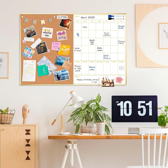 ARCOBIS Dry Erase Calendar with Cork Board, 36"x24" Magnetic White Board Calendar Dry Erase for Wall, Gold Frame Combination Board for Office, Home, School
