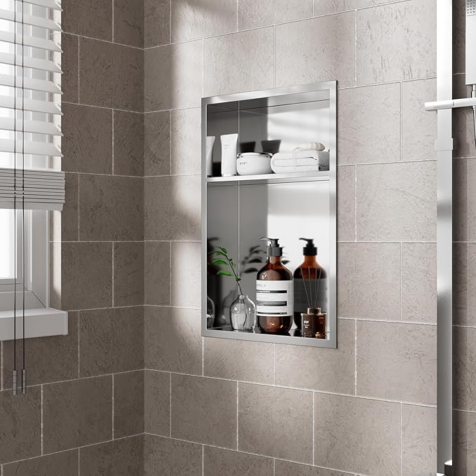 POPFLY 12"x18" 2-Tier Shower Niche Organizer, Stainless Steel Recessed Wall Shelf Inserts - No Tile Needed Double Shelves Bathroom Storage No Drill, Brushed Nickel