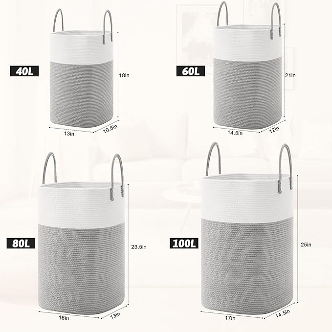 Laundry Basket,Woven Cotton Rope Laundry Hamper,Versatile Storage for Dirty Clothes,Baby Toys,and Blankets in Bathroom, Nursery,and Living Room (Grey, 80L)