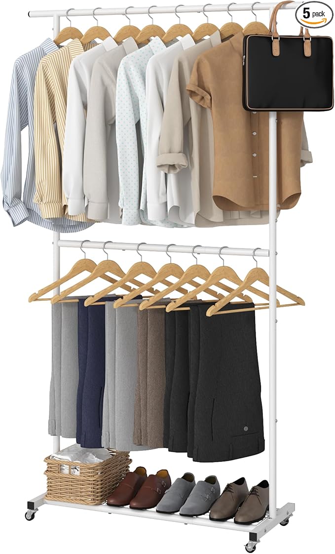 Sywhitta Double Rod Clothing Garment Rack, Rolling Coat Hanger with Bottom Mesh, Clothing Rack for Hanging Clothes, Coats, Skirts, Sweaters, White