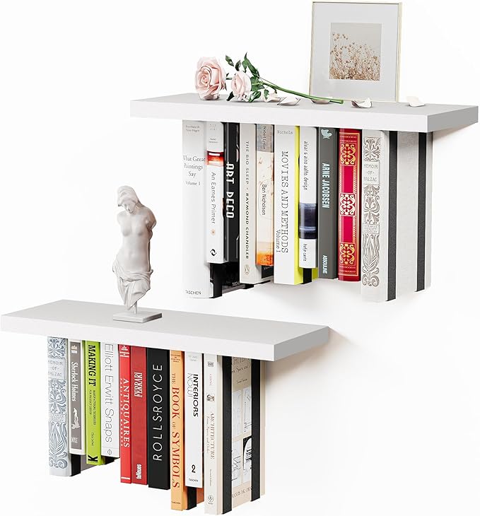 Floating Bookshelves for Wall, Rustic Wood Hanging Wall Bookshelf, Upside Down Book Shelf and Wall Mounted Bookshelves for Home Decor in Bedroom, Living Room, White 2 Pack