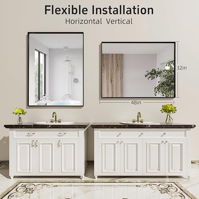 48x32 Inch Black Bathroom Mirrors for Over Sink, Contemporary Wall Mirror, Rectangle Framed Mirrors for Bathroom, Decorative Vanity Mirror for Living Room Entryway Horizontal/Vertical