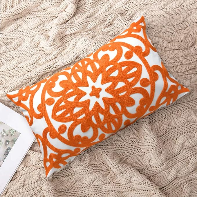 Alysheer Embroidered Lumbar Decorative Throw Pillow Cover 12"x 20", Classic Boho Mandala Embroidery Pattern Cotton Rectangular Cushion Case for Sofa Couch Living Room Bedroom (Bright Orange)