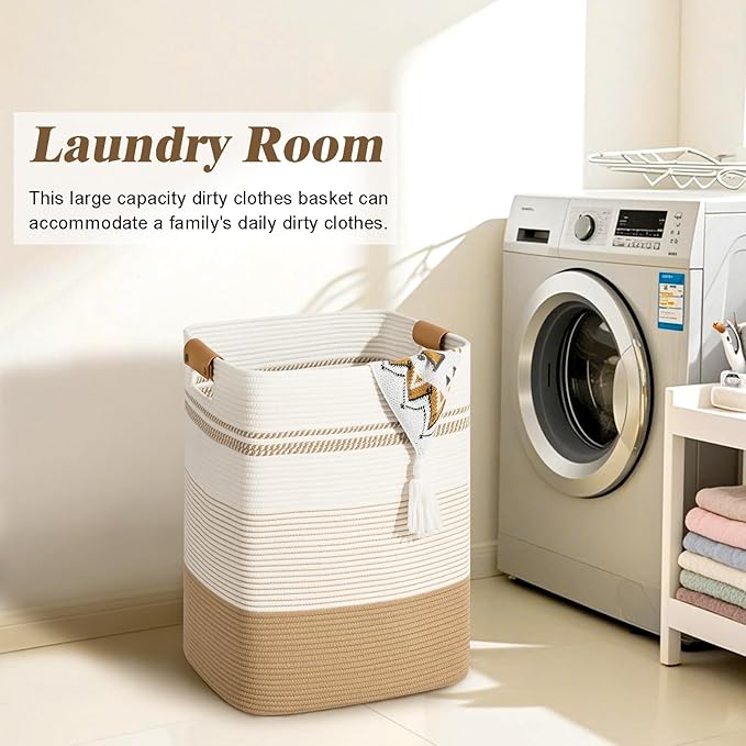 Laundry Hamper, 85L Tall Laundry Basket with Leather Handles, Rectangle Large Clothes Hamper for Organizing, Cotton Woven Laundry Baskets Storage Hampers for Bedroom, Nursery, Living Room