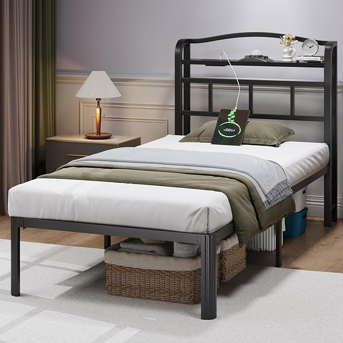 Twin Size Bed Frame - Storage Headboard with Charging Station & Galaxy Aurora Projector, 14 Inch Sturdy Metal Platform Bed Frame No Box Spring Needed, Easy Assembly, No Noise, Black