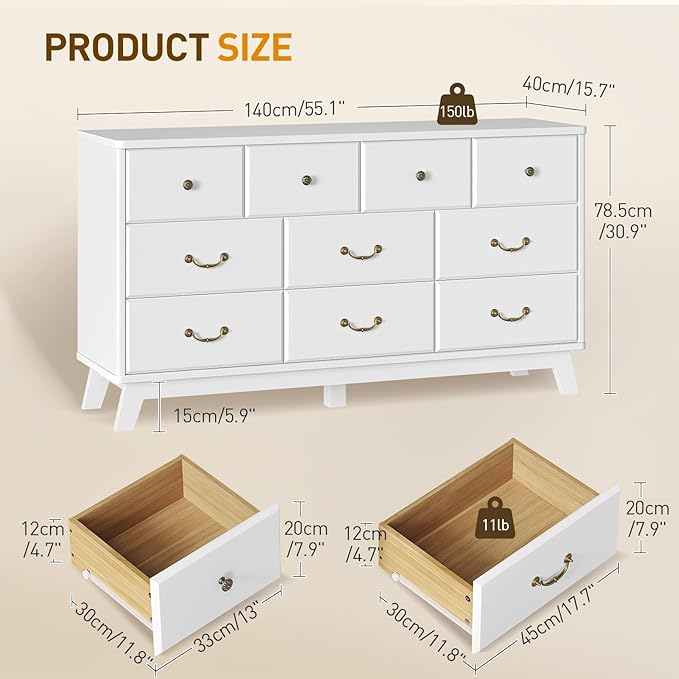 10 Drawer Dresser for Bedroom, 55.1" White Dresser & Chest of Drawers, Wooden Dressers with Vintage Metal Handle, Modern Storage Dressers TV Stand for Bedroom, Living Room, Hallway