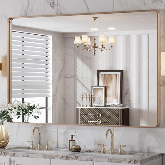 LOAAO 48”X32” Gold Bathroom Mirror, Rounded Rectangle Gold Frame Mirror, Brushed Gold Bathroom Vanity Mirror Wall-Mounted, Anti-Rust, Tempered Glass, Hangs Horizontally or Vertically