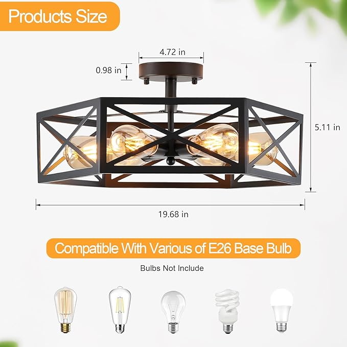 Industrial Semi Flush Mount Ceiling Light, 6 Light Modern Metal Close to Ceiling Light Fixture, Farmhouse Light Fixtures Ceiling Mount, Black Chandelier for Kitchen, Dining Room, Hallway