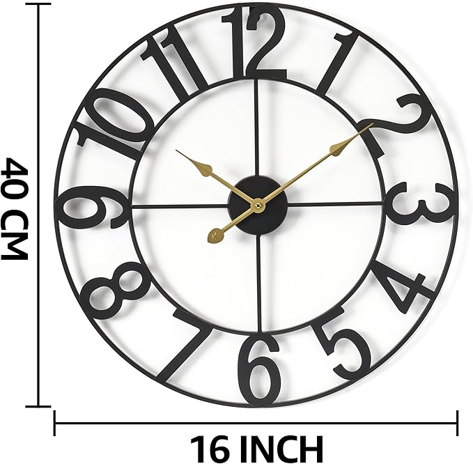 Sorbus 16-Inch Large Wall Clock – Decorative Black Metal Clock with Gold Hands – Silent, Battery Operated, Modern Wall Decor for Living Room, Kitchen, or Office – Great Gift for Housewarming or Office