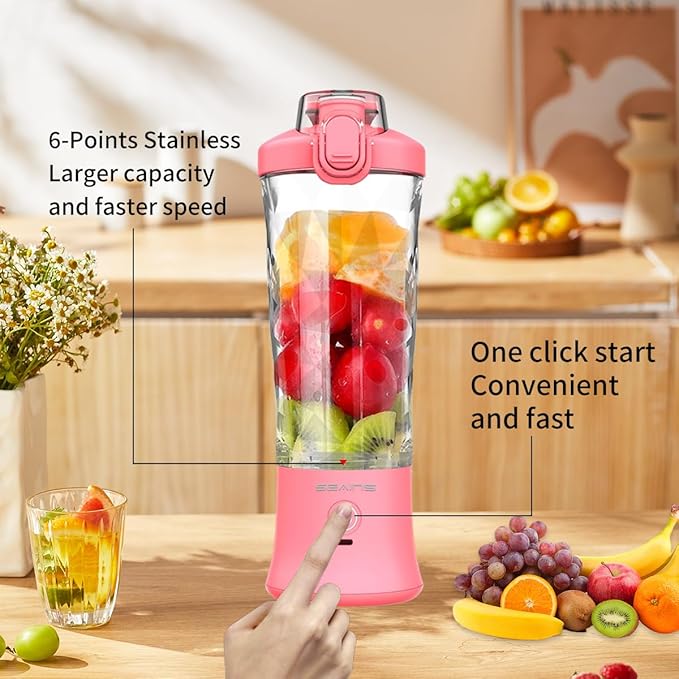 Portable Blender, Personal Blender for Shakes and Smoothies with 20 Oz Travel Cup and Lid, Mini Personal Size Blender with 6 Blades and USB Rechargeable for Gym, Kitchen and Outdoors (Pink)