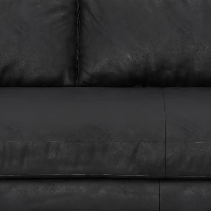SIMPLIHOME Morrison 72-inch Wide Sofa in Lead Black Genuine Leather, Mid-Century Modern-Style Loveseat for Living Room, Single Bench Cushion, Removable Back Cushions, 2 Bolster Pillows