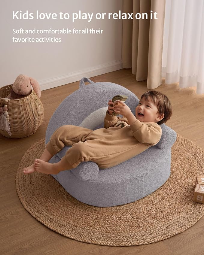 Blissful Diary Toddler Chair Comfy, Foam Kids Chair with Soft Teddy Plush, Toddler Reading Armchair for 1 2 3+ Year Old Girls Boys Baby Birthday Gift, Light Gray Arclet