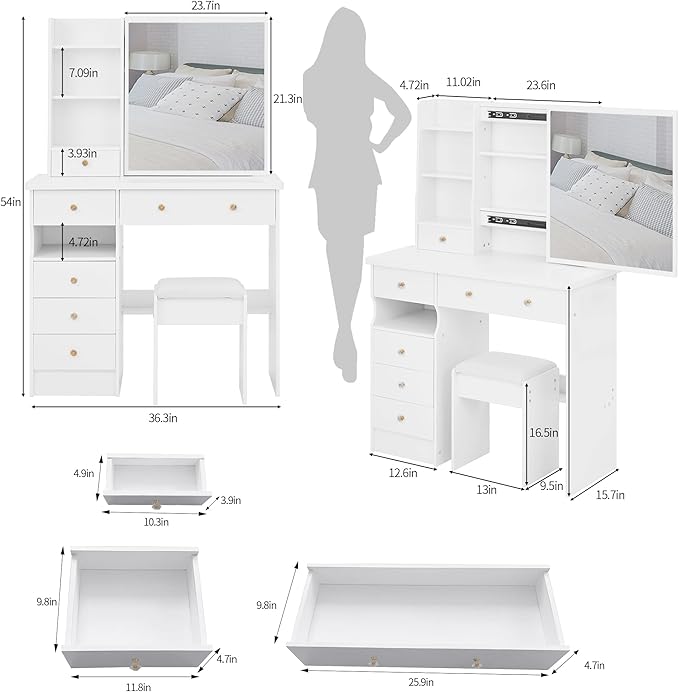 KEIKI Vanity Desk with Sliding Mirror & Cushioned Stool, 37'' Makeup Dressing Table Set for Bedrooms, Dorms, Apartments, White