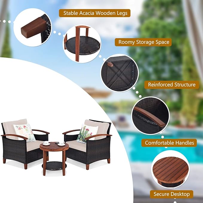 Tangkula 3 Pieces Patio Rattan Furniture Set, Outdoor Wicker Sofa Set w/Washable Cushion and Acacia Wood Tabletop, High Load Bearing Chair with Coffee Table, Conversation Furniture (Turquoise & Beige)