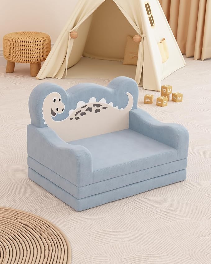 2-in-1 Kids Couch Fold Out, Convertible Toddler Couch to Lounger, Toddler Chair Comfy, Kids Sofa for Girls and Boys, Gift for Birthday, Children's Day, Dinosaur Blue