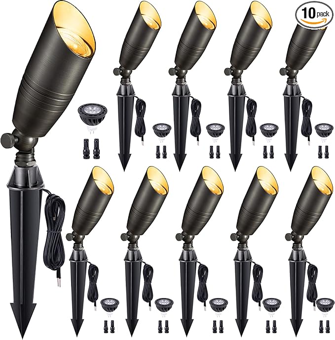 Low Voltage Spotlight LED - 12V Outdoor Light Fixture Weather Proof, Brass Landscape Lights Hardwired, Bronze for Flag Sign with Neutral White MR16 Removable Bulbs (10 Pack)
