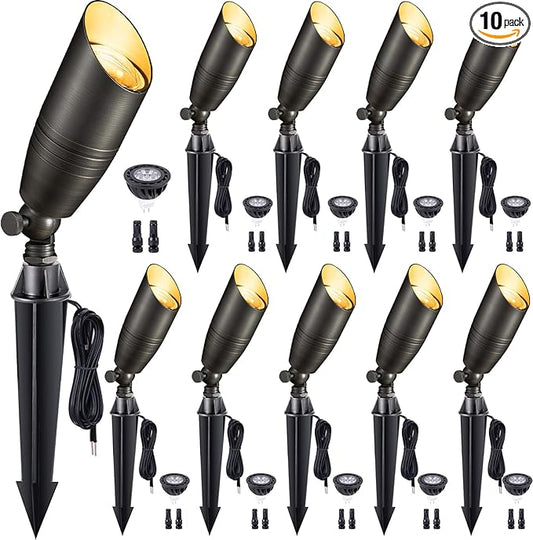 Low Voltage Spotlight LED - 12V Outdoor Light Fixture Weather Proof, Brass Landscape Lights Hardwired, Coastal Bronze for Flag Sign with Warm White MR16 Removable Bulbs (10 Pack)