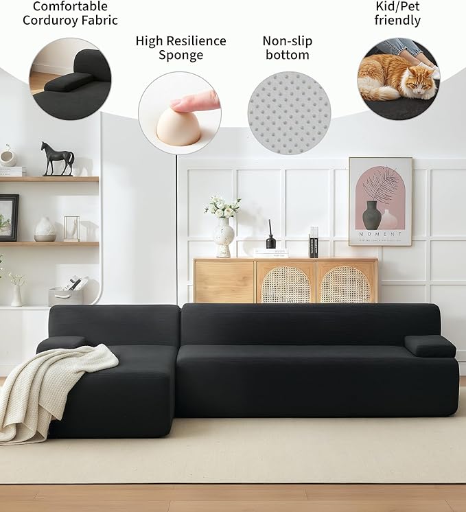 108" Cloud Sectional Couch with Chaise - Super Fluffy Boneless Sofa, Ultra Soft Corduroy L Shaped Couch Bed, Creates Cozy Atmosphere. Perfect Comfy Couches for Living Room, No Assembly Required, Black