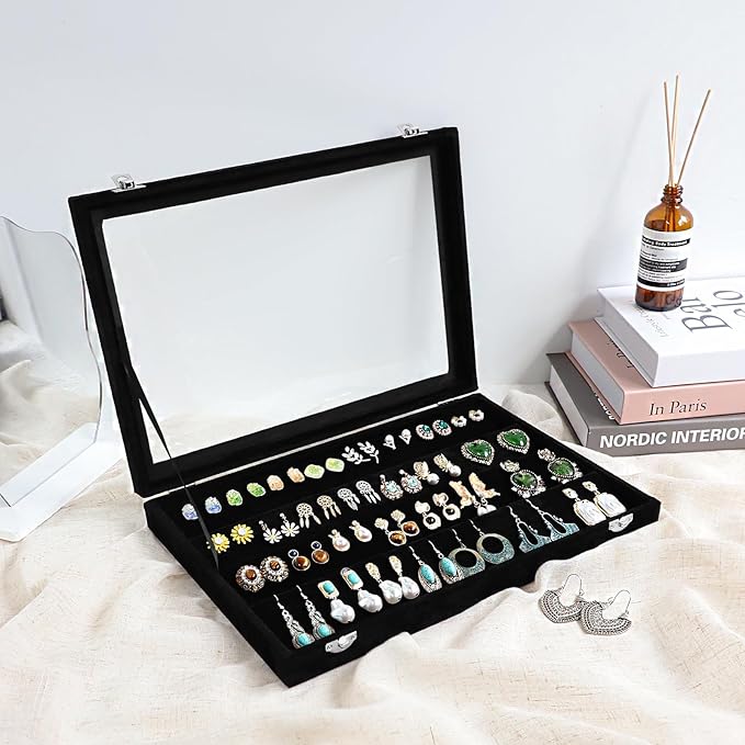 Wudygirl Earring Organizer Tray Jewelry Organizer 32 Pairs Earring Box Organizer Black Velvet Jewelry Display Case with Transparent Lid(Black Earring Storage)