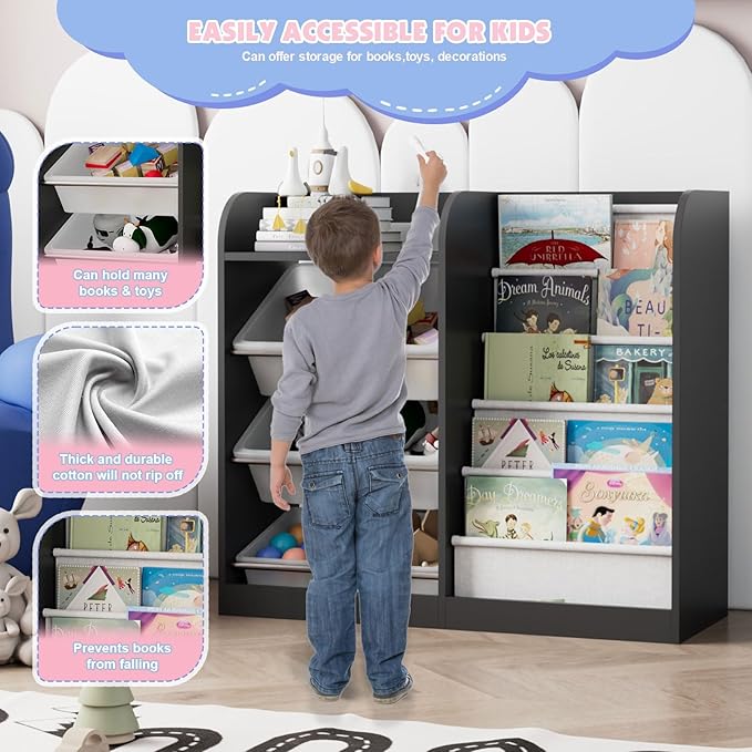Black Kids Wood Bookshelf Toy Storage Box Organizer Shelf W/4 Removable Plastic Toy Bins Children Bookcase Toddler Baby Sling Book Rack Cabinet Chest Girl Boy Gift Playroom Classroom Bedroom Nursery