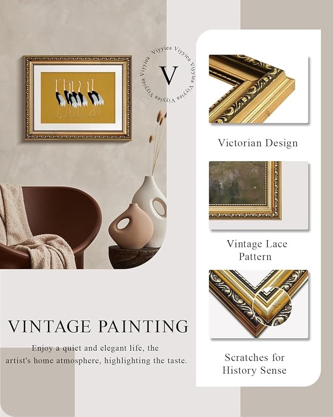 VIYYIEA Gold Framed Wall Art Canvas Print Home Decor, Vintage Cranes Wall Art for Living Room, Vintage Animal Oil Painting Picture, Print Framed Home Decor, Bathroom Wall Decor Seven Cranes 11x14in