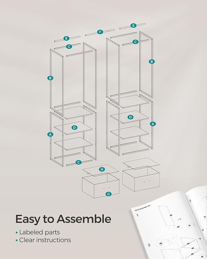 SONGMICS Clothes Rack, 70.9 Inch Wardrobe Freestanding Closet, Heavy Duty Garment Rack with 1 Extendable Hanging Rod, 2 Drawers and 4 Shelves, for Bedroom, Space-Saving, Ebony Black URGR003B56