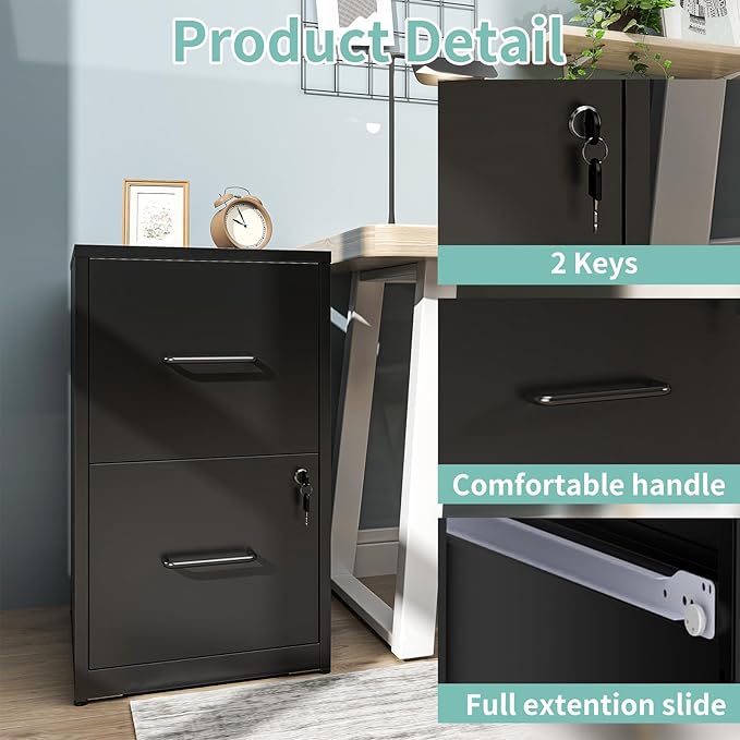 AQY 2 Drawer File Cabinet with Lock, Metal Black Filing Cabinet for Home Office, 18" Deep Heavy Duty Vertical Storage Cabinet for Hanging A4/Letter/Legal Size Files, Assembly Require