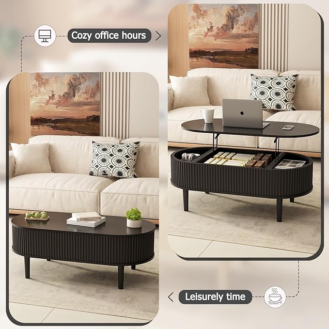 Ludatido 39 Inch Lift Top Coffee Table with 3 Storage for Living Room, Oval Coffee Table with Hidden Compartment, Fully Wooden Center Easy to Assembled for Home Living Room Office Black