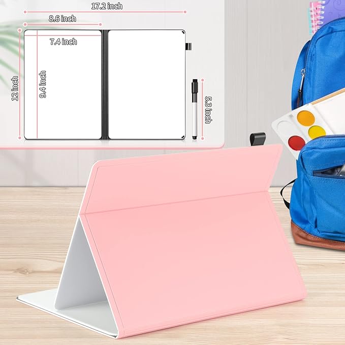 Mini Whiteboard 12"x9" Small White Board Dry Erase, Erasable Notebook Foldable Desk Whiteboard Holder Dry Erase Board, Office, Home, Travel, School, Portable (Pink)
