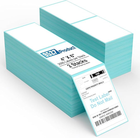 9527 Product Fanfold 4 x 6 Direct Thermal Labels with Blue Background Paper Perforated Shipping Labels for Thermal Printers, 2000 Label per Stack, 2 Stacks 4000 Label