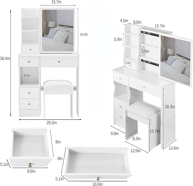 KEIKI Vanity Desk with Mirror & Cushioned Stool, 29.2'' Makeup Dressing Table Set with 5 Drawers for Tiny Bedrooms, Dorms, Apartments, White